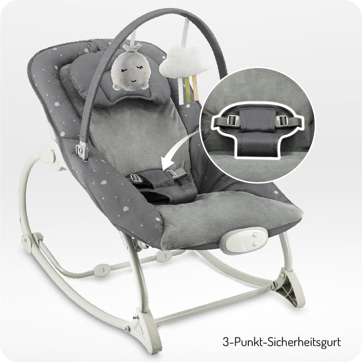 MoMi Babywippe LAPIS für Babys bis 12 kg, Batteriebetrieb, 3-Punkt-Sicherheitsgurt, Bügel und 2 Spie
