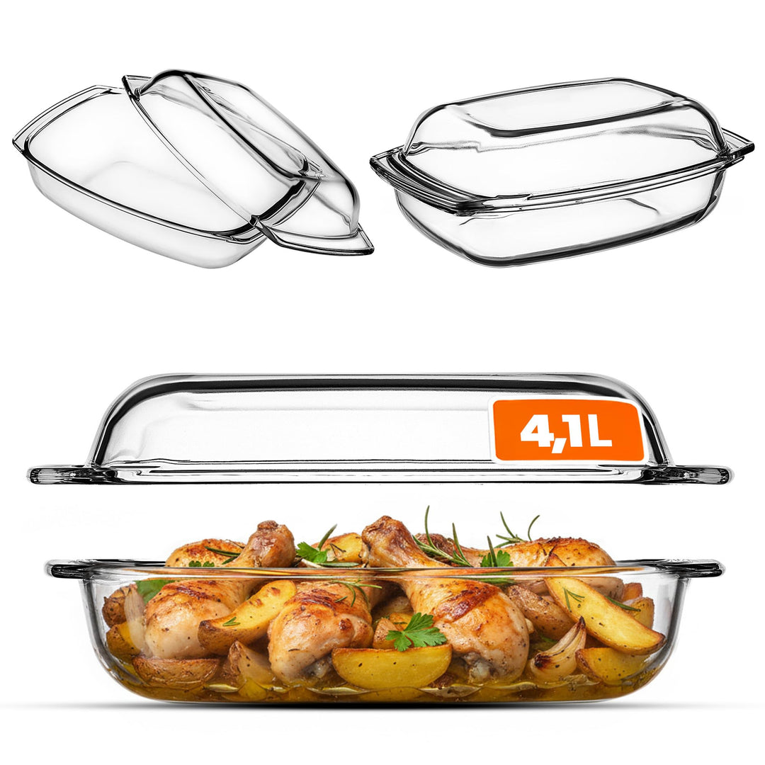 KADAX Auflaufform mit Deckel 4,1L – rechteckige Glasbratform, feuerfest & spülmaschinenfest – ideal