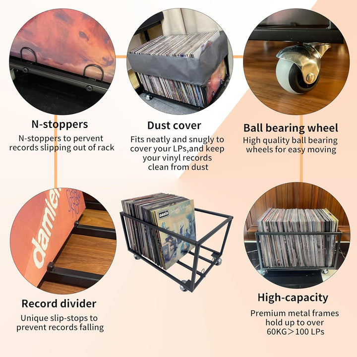 Schallplatten-Halter auf Rädern – für bis zu 100 LP – Albumhalter – Vinyl-Schallplatten-Organizer –