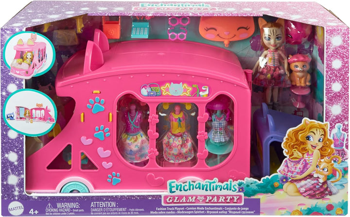 ENCHANTIMALS Glam Party, Puppe und Zubehör, Modewagen-Spielset, Puppe und bester Tierfreund, Wagen,