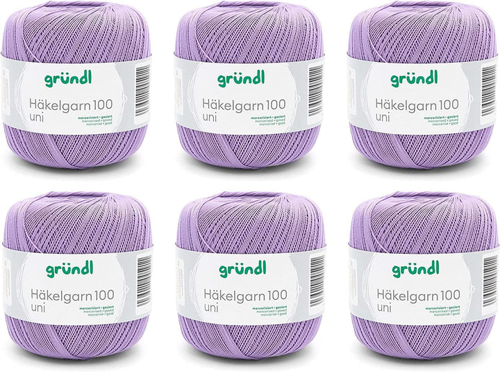 Gründl 100 Häkelgarn, Baumwolle, flieder, 6 x 100 g, Flieder