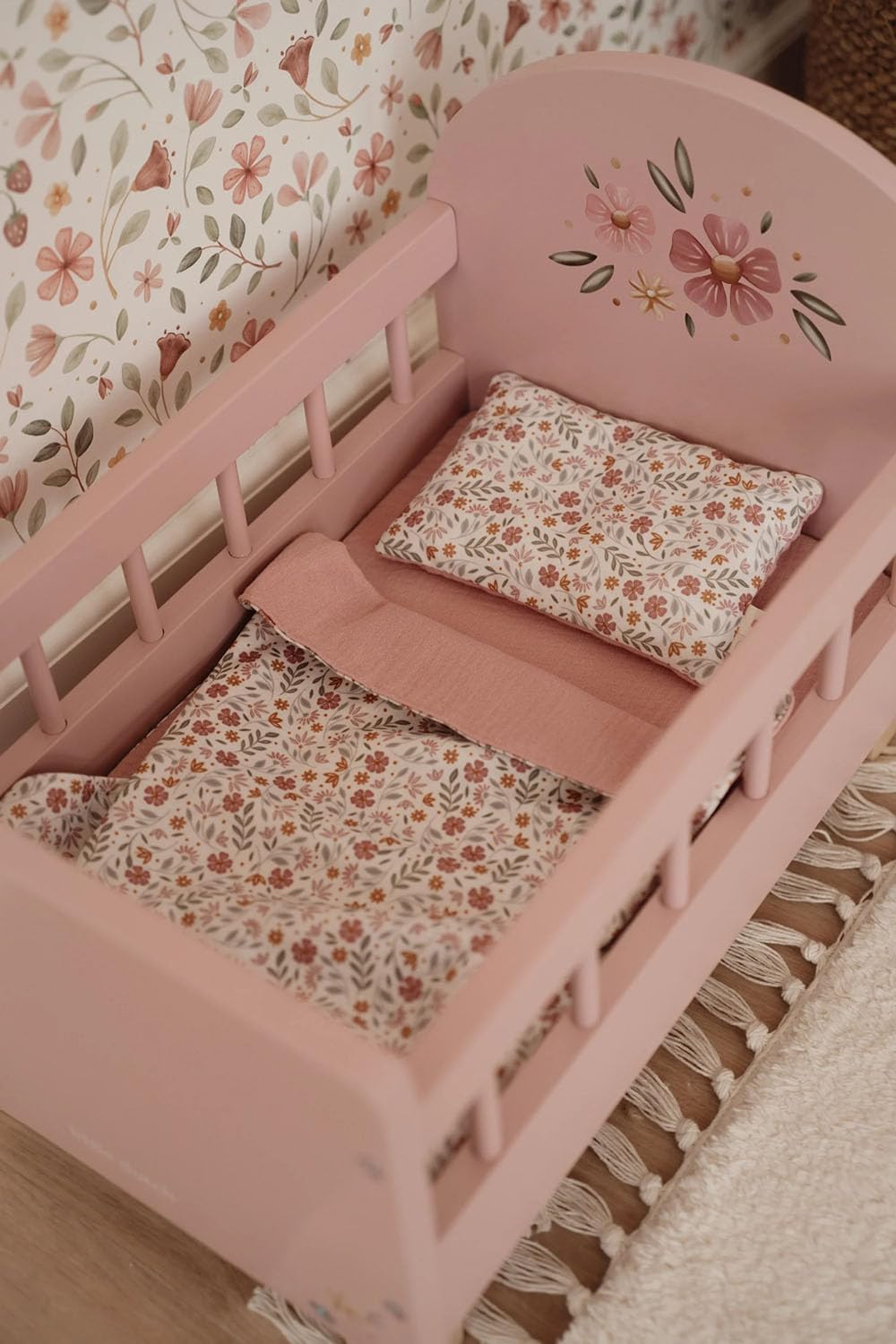 Little Dutch Puppenbett Bett für Babypuppen Puppen Holz rosa mit Blume - rosa