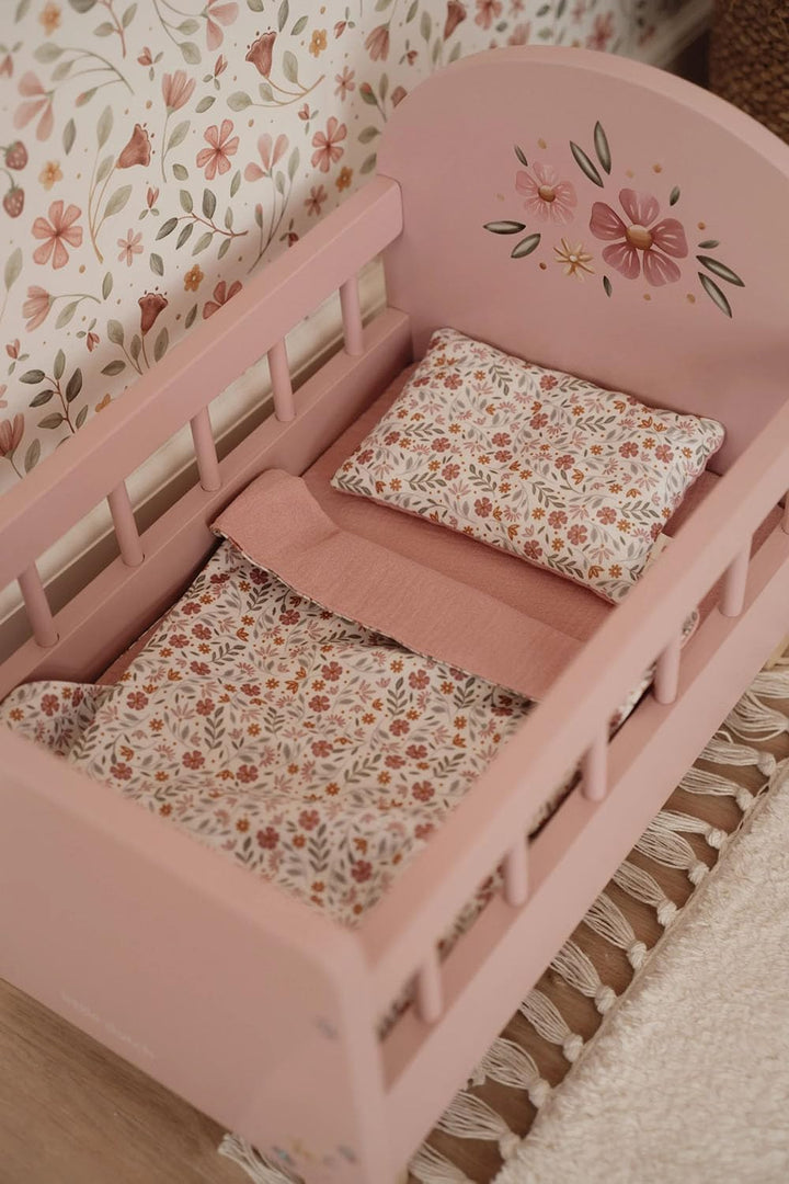 Little Dutch Puppenbett Bett für Babypuppen Puppen Holz rosa mit Blume - rosa