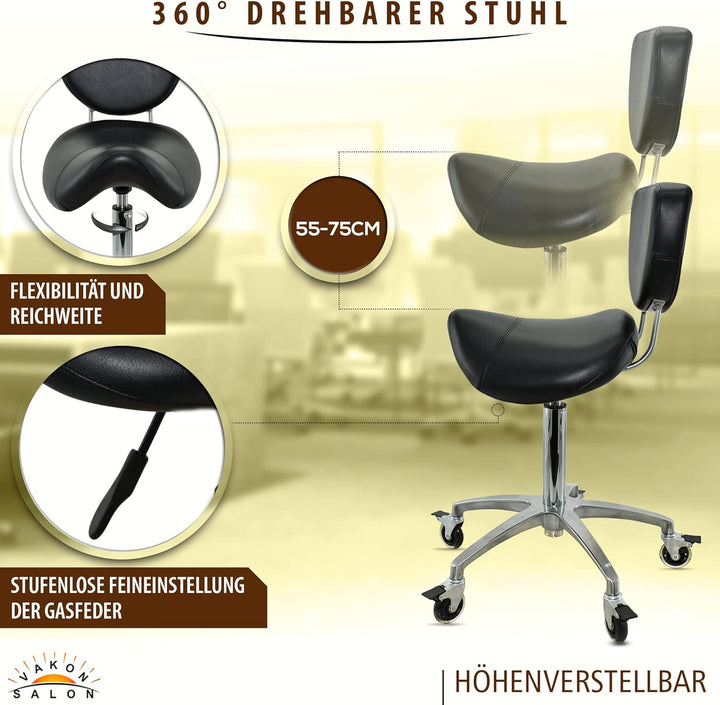 Premium Sattelhocker schwarz mit Bremse und Lehne, Sattelstuhl für Rückenentlastung, Rollhocker höhe