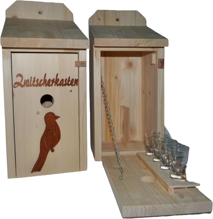 Vogelhaus Schnapsbar Garten Geschenk Zwitscherkasten mit Vogelmotiv