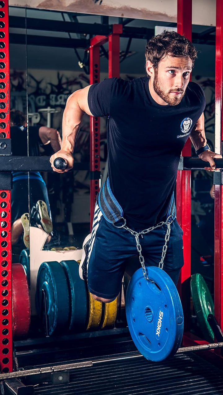 Dip Gürtel von Urban Lifters. Dip-Gürtel mit 80cm langer, robuster Stahlkette. Extra dicke 15cm Rück