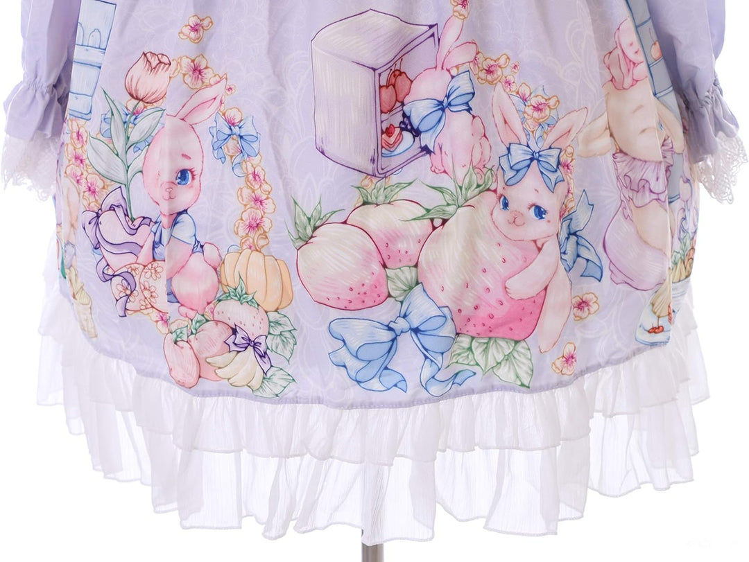 JSK-76-2 Lila Erdbeer Obst Hase Blumen Schleife Langarm Kleid Pastel Goth Lolita Cosplay Kostüm Kawa