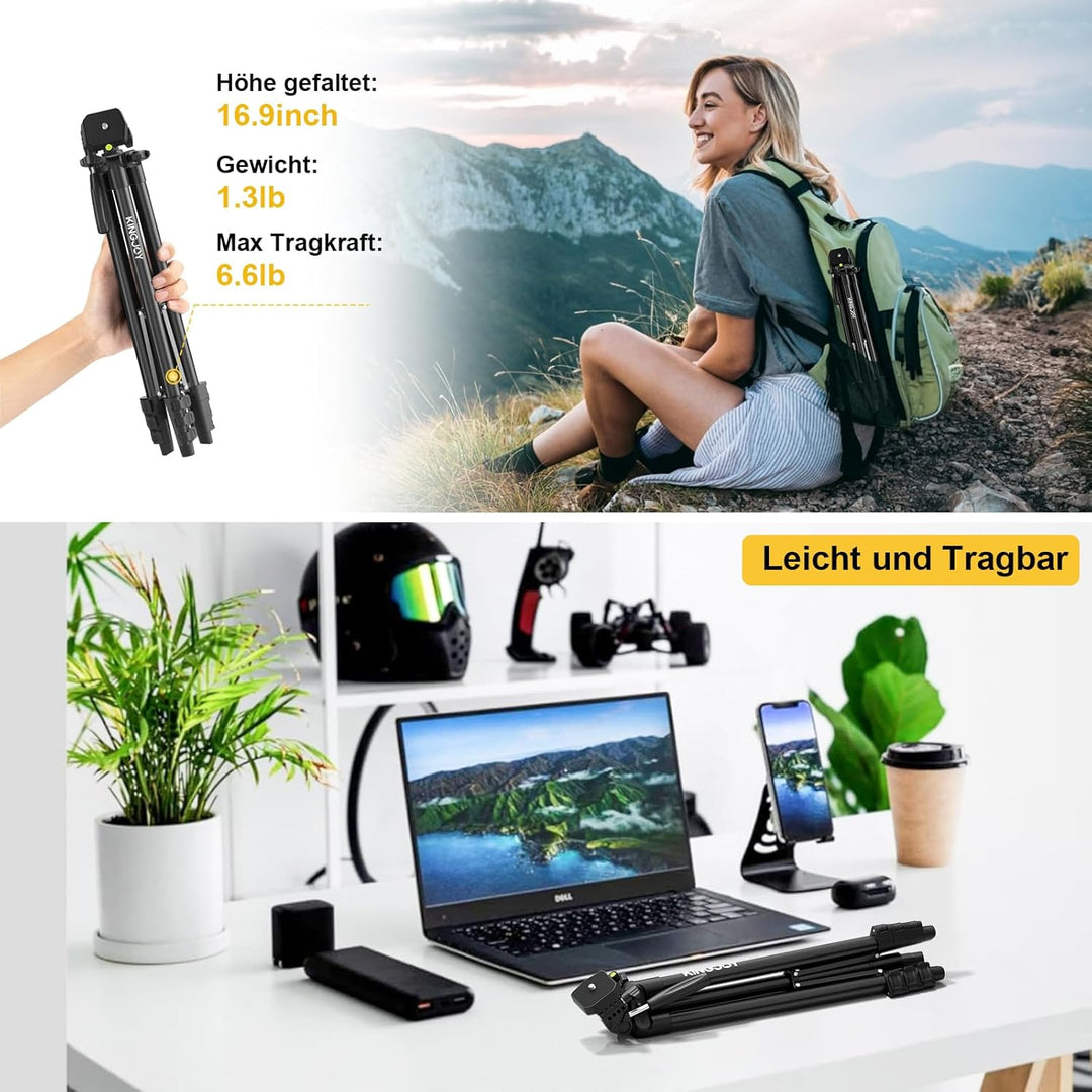 KINGJOY Handy Kamera Stativ 60" Leichtes Smartphone Stativ mit Fernauslöser, 360°Drehung Tragbar Tri