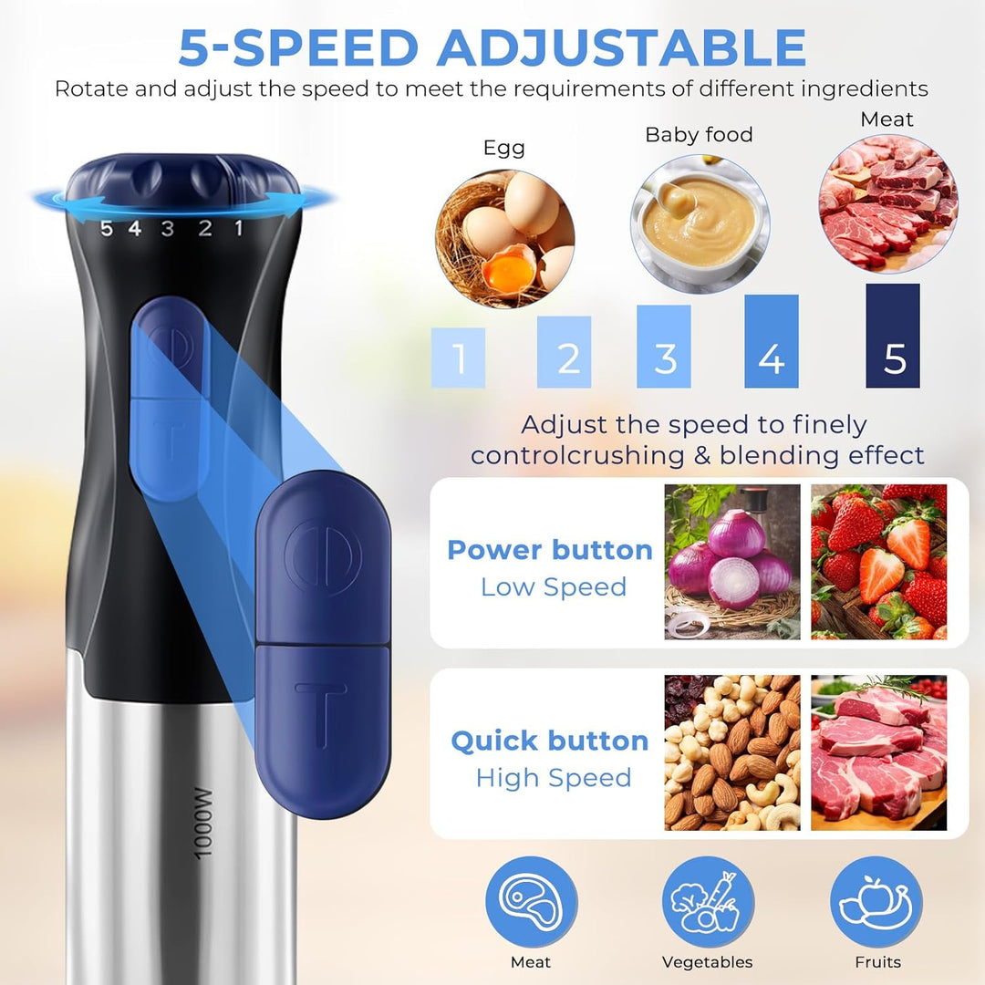 4-in-1 Stabmixer Edelstahl, 1000W Pürierstab mit 5 Geschwindigkeiten und Turbo-Modi, Schneebesen, 50