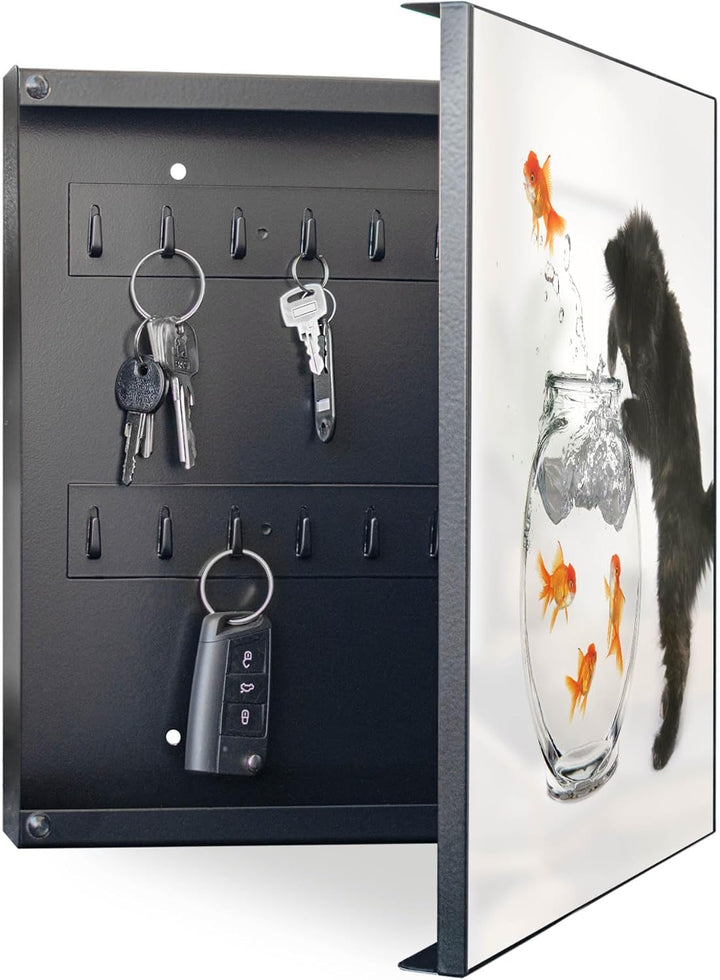 banjado® Grosser Schlüsselkasten Glas/Schlüsselbox 30cm x 30cm mit 50 Haken - Motiv Katze Und Fisch/