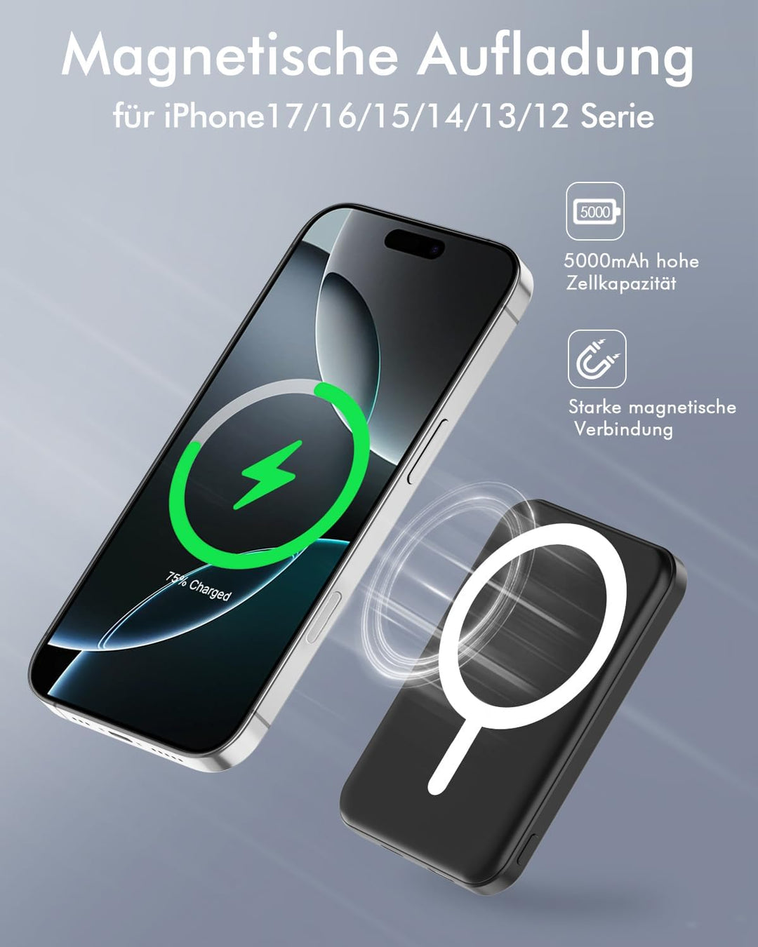 Podoru for Magsafe Powerbank iPhone 5000mAh,Powerbank mag-Safe mit Typ-C Kabel,Power Bank Magnetisch