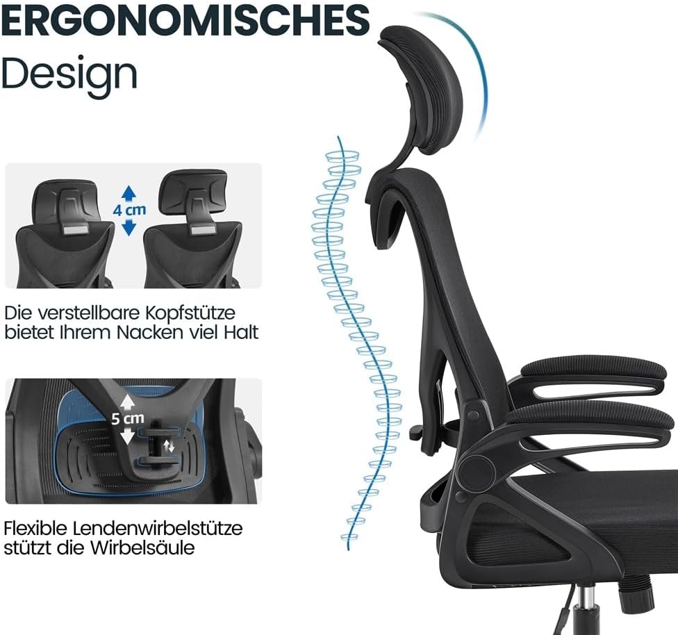 Yaheetech Bürostuhl Ergonomisch, Schreibtischstuhl mit Hochklappbaren Armlehnen, Drehstuhl mit Rücke