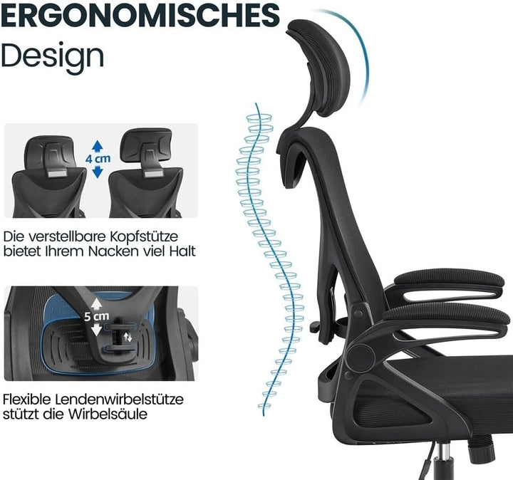 Yaheetech Bürostuhl Ergonomisch, Schreibtischstuhl mit Hochklappbaren Armlehnen, Drehstuhl mit Rücke