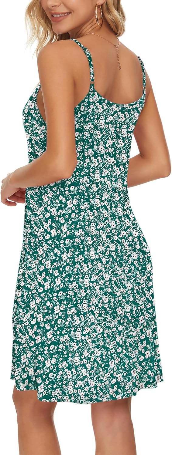 WNEEDU Damen Kleid Sommer Spaghettiträger Sommerkleid Kurze Strandkleider V Ausschnitt Leichte Freiz