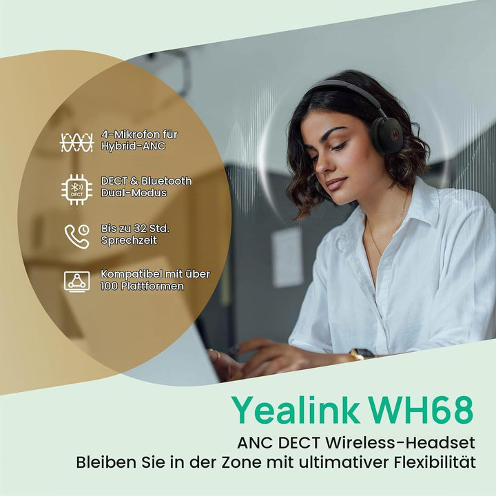 Yealink WH68 ANC DECT Kabelloses Headset mit Mikrofon, 4X AI-Mic mit Geräuschunterdrückung, 185m Rei