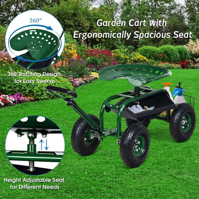 RELAX4LIFE Rollsitz mit Ablage Korb, Gartensitz mit Ausziehbarem Griff 4 Rädern, Gartenrollsitz Fahr