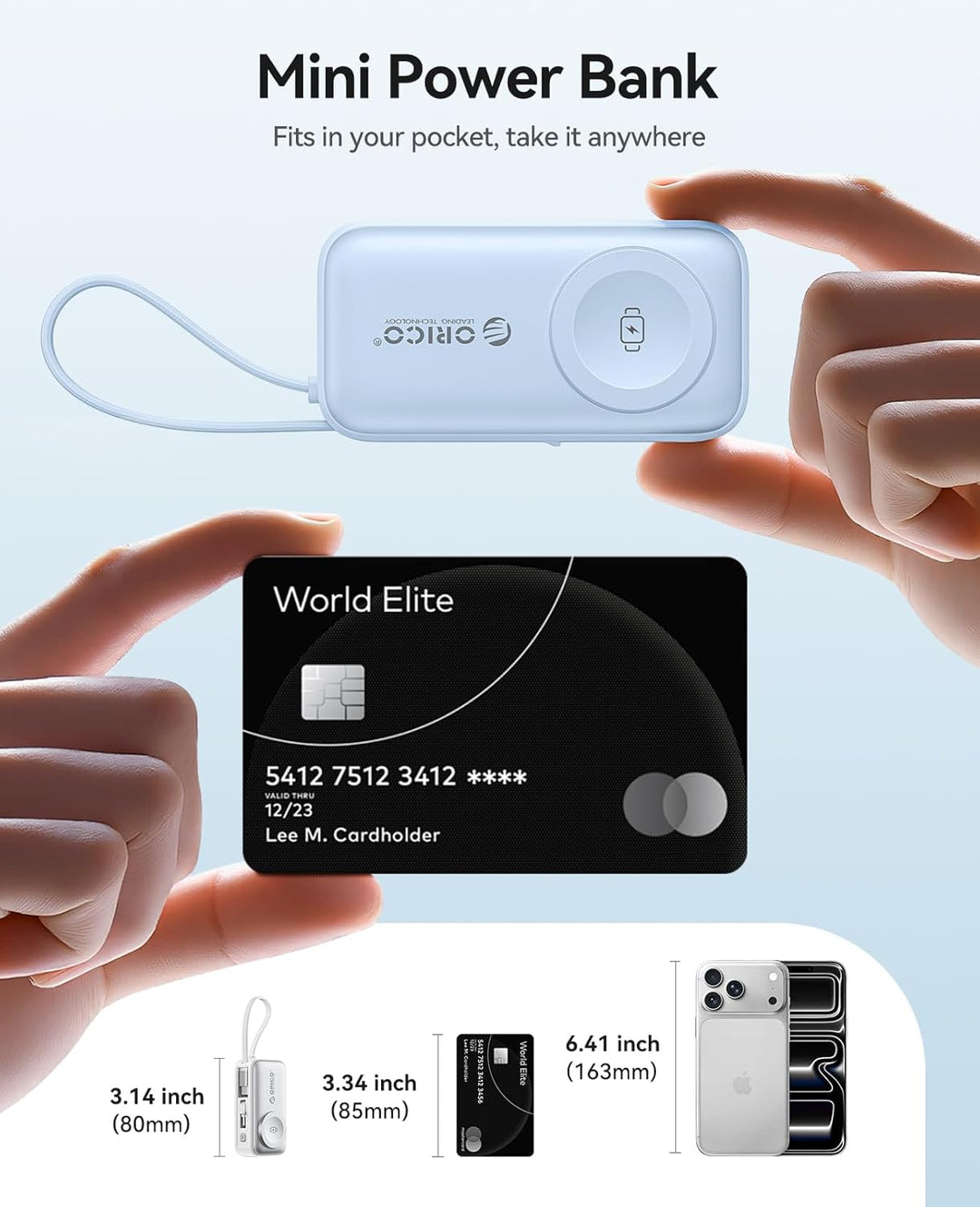 ORICO Mini Powerbank 5000mAh, PD 22,5W Externe Handyakkus mit Klappbarem USB-C Stecker & USB-C Kabel