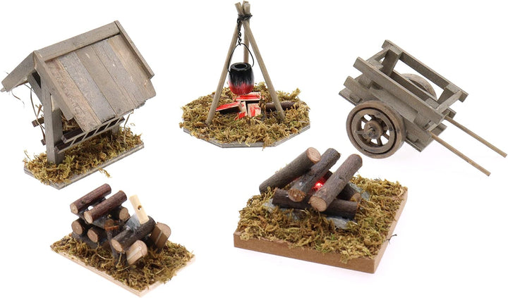 ELLUG Krippenzubehör Set 5tlg. Zubehörteile aus Holz: Futterkrippe, Kochstelle, Lagerfeuer mit LED,