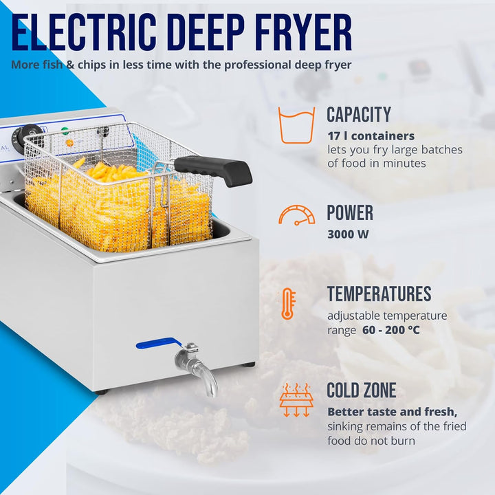 Royal Catering Elektro-Fritteuse Edelstahl (Kapazität 17 L, 3.000 W, Thermostat, Temperaturbereich 6
