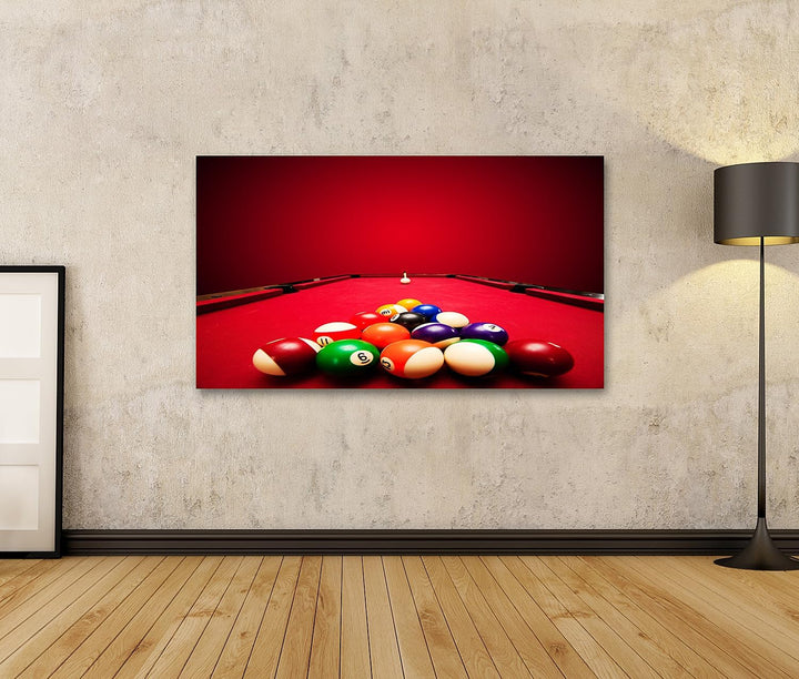 islandburner Bild auf Leinwand Billardkugeln In Dreieck Auf Rotem Billardtisch Bilder Wandbilder Pos