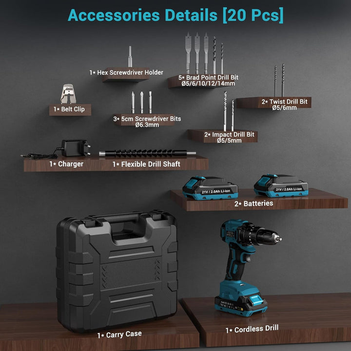 LEEIKOO Bürstenloser Akkuschrauber 21V, Akku Bohrschrauber mit 2 Akkus 2,0Ah, 45N.m Drehmoment, 20+3