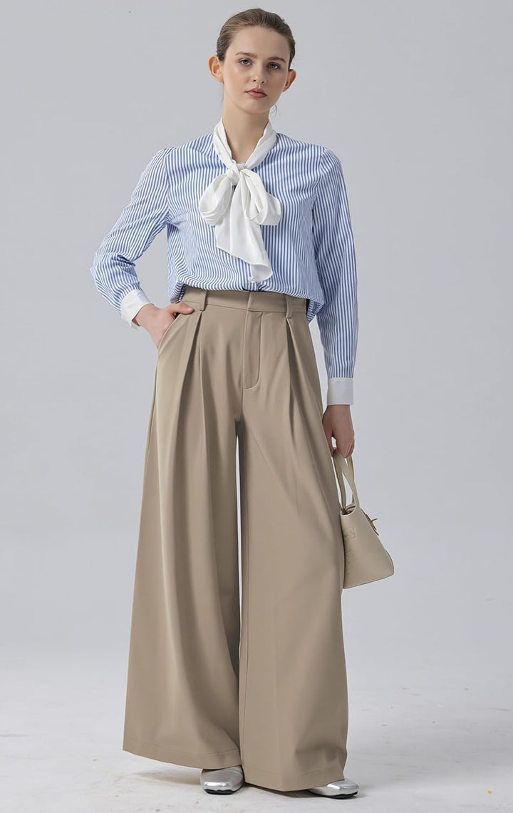 Tronjori Damen Hose Weites Bein Frauen Lange Hose mit Taschen Einfarbig Lose elastische Hohe Taille