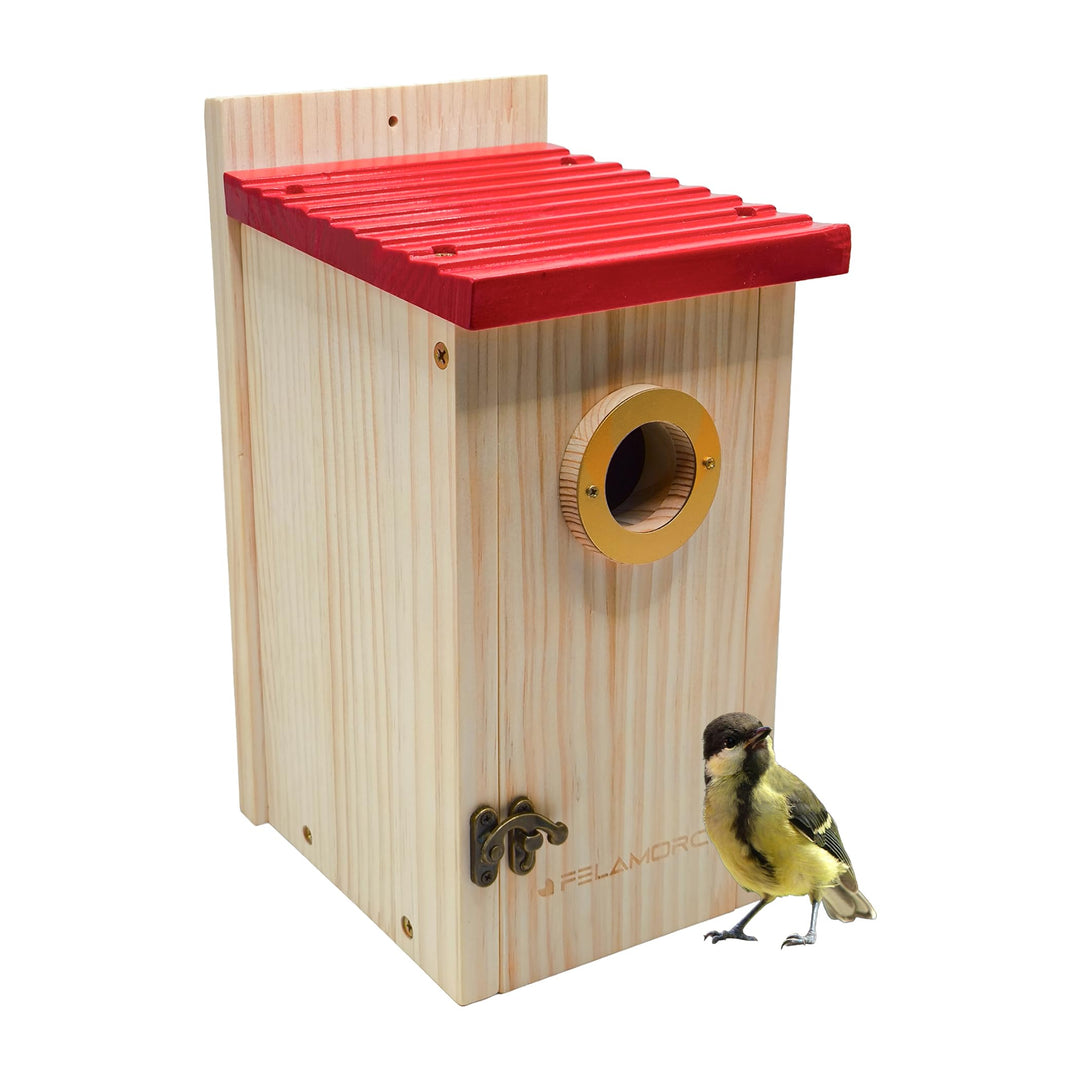Robuster 15 mm dickwandiger Nistkasten, gut verarbeitet, ideal für kleine Meisen. Das Vogelhaus zum