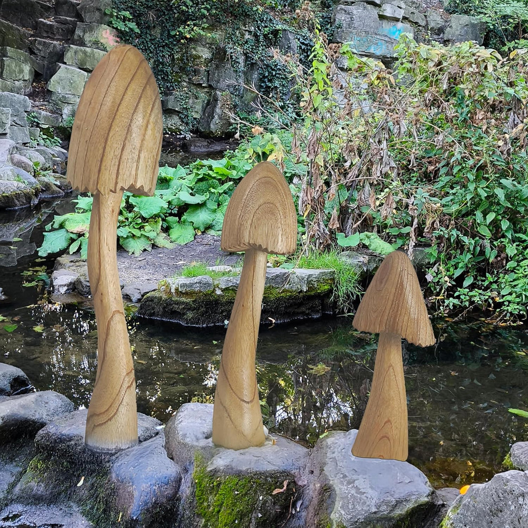 ART-CRAFT Naturnahe Holzpilz-Deko Set mit 3 handgeschnitzten Pilzen 40-30-20 cm hoch - Für Balkon, T