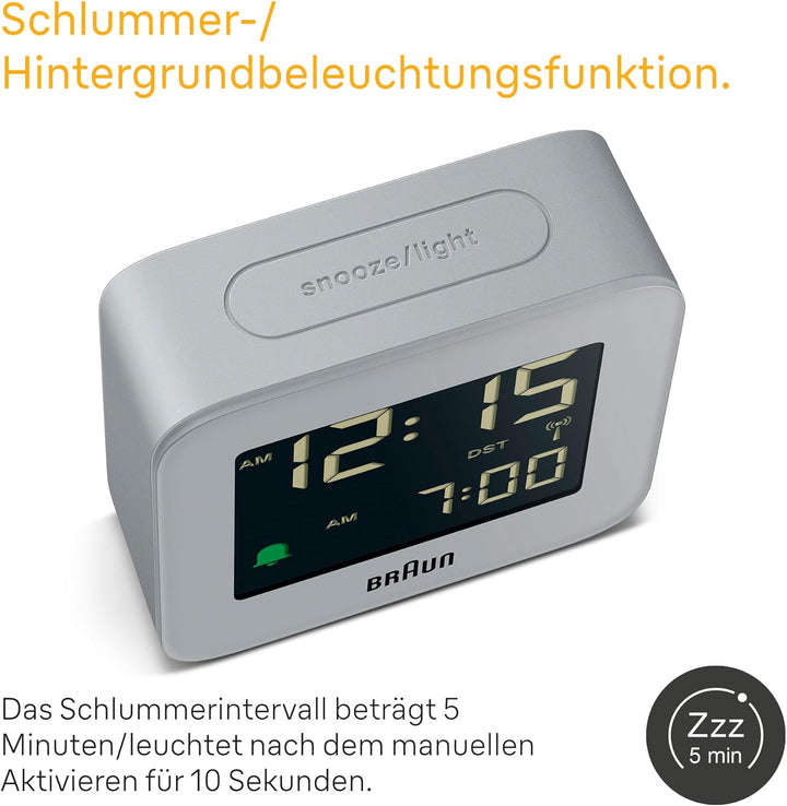 Braun Digitaler Funkreisewecker für die mitteleuropäische Zeitzone (DCF) in kompakter Grösse mit Sch