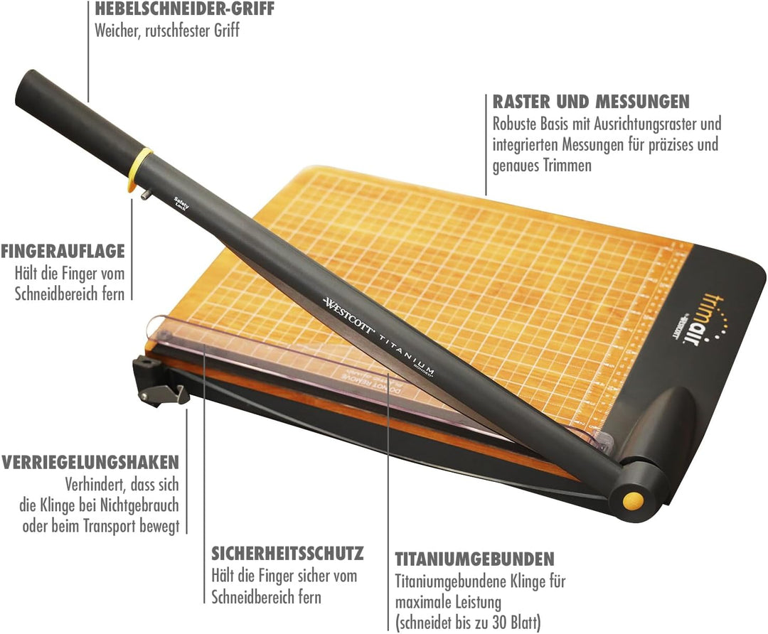 Westcott 15107 Hebelschneidemaschine TrimAir 15", 38 cm, mit Holzbasis, bis zu 30 Lagen 80gr. Papier