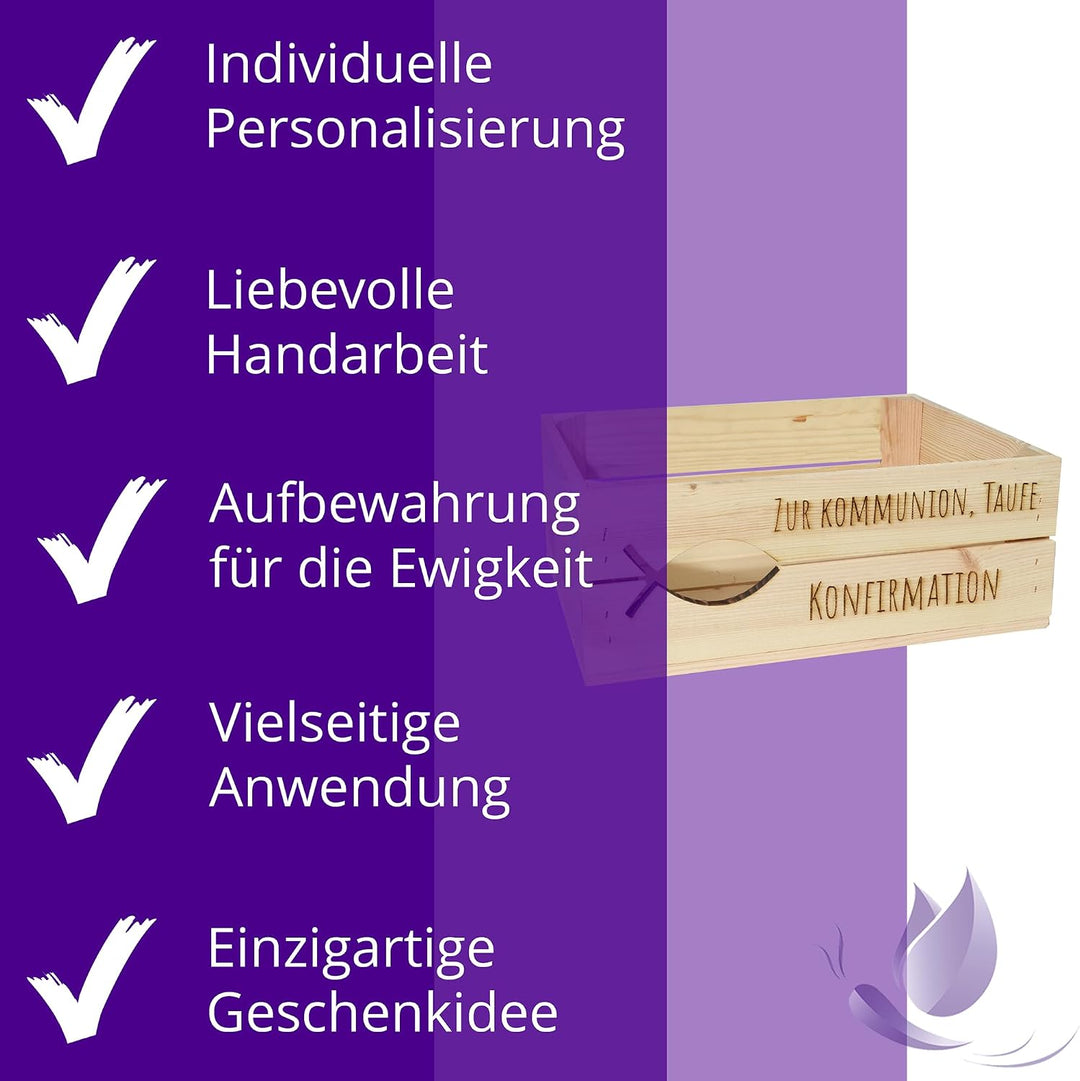 Holzkiste Personalisiert mit Wunschtext Fisch zur Taufe Kommunion Konfirmation - Gravierte Erinnerun