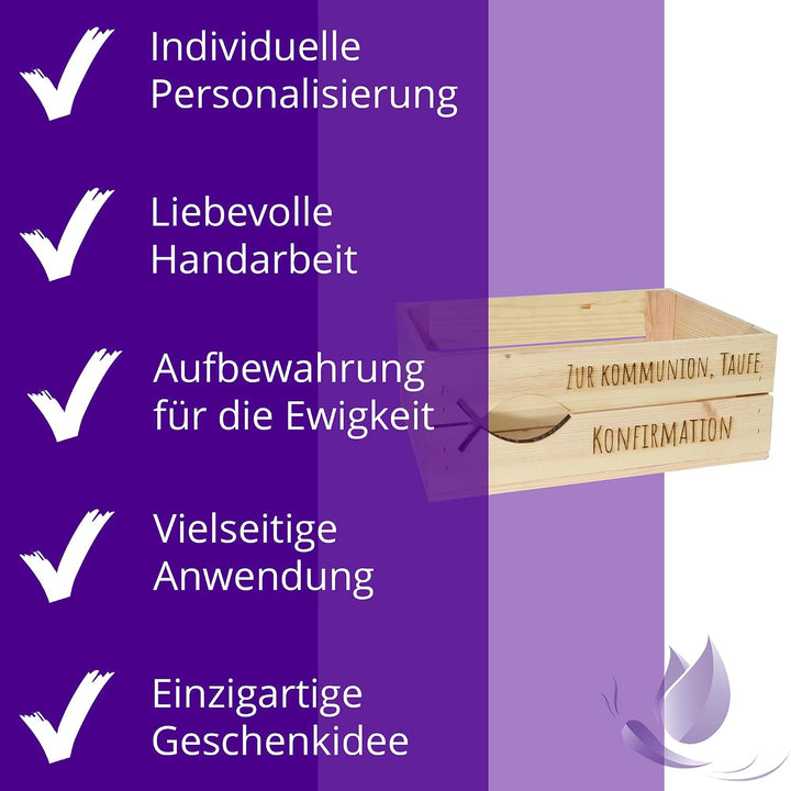 Holzkiste Personalisiert mit Wunschtext Fisch zur Taufe Kommunion Konfirmation - Gravierte Erinnerun