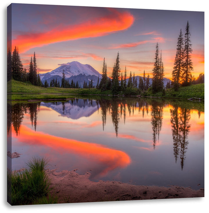 Pixxprint Sonnenaufgang Berglandschaft, Format: 70x70 auf Leinwand, riesige Bilder fertig gerahmt mi