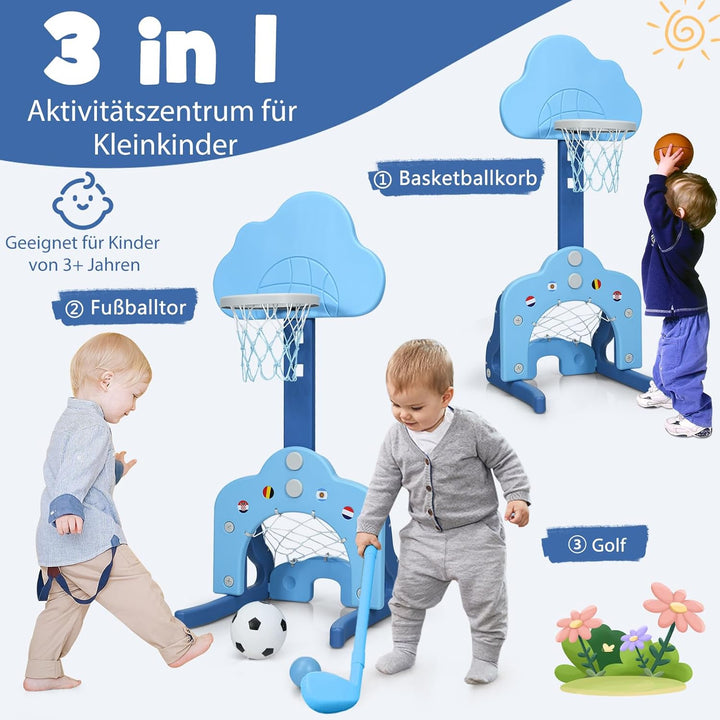 DREAMADE Mini Basketballkorb Kinder, 77-116 cm höhenverstellbarer Basketballständer mit Fussballkorb