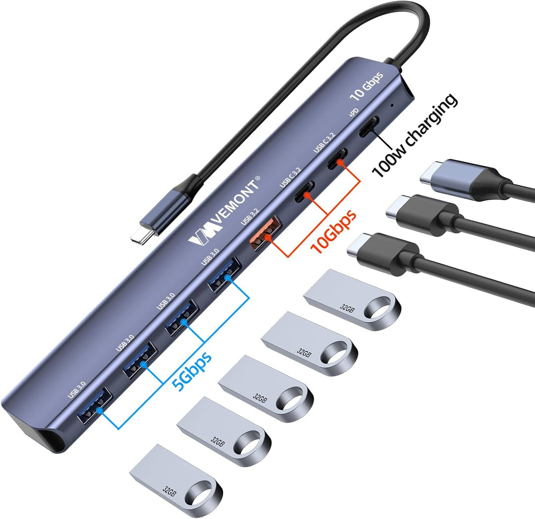 USB C Hub 10Gbps,VEMONT 7 in 1 Aluminium USB 3.1/3.2 Hub mit 2 USBC 3.2 & USBA 3.2 & 4 USBA 3.0 Port