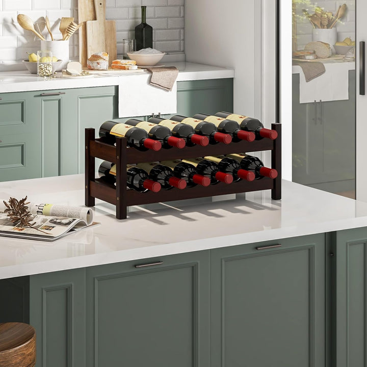 COSTWAY Weinregal Bambus für 12 Flaschen, Flaschenregal mit 2 Etagen, Flaschenhalter für Keller, Küc
