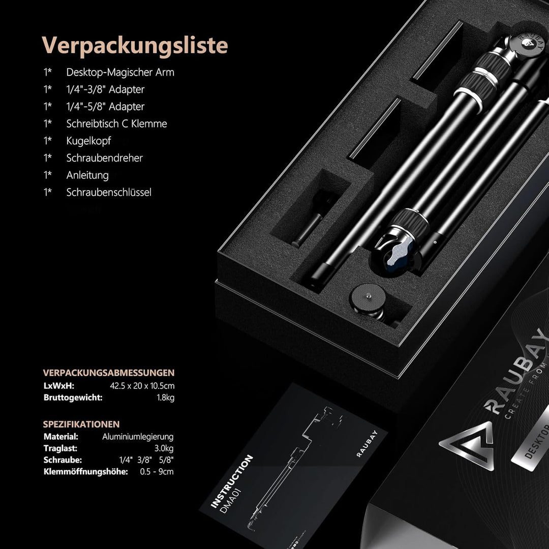 【Ganz aus Metall】RAUBAY Desktop Magic Arm, Overhead-Kamera-Tischhalterung, Tischleuchtenstativ mit 1