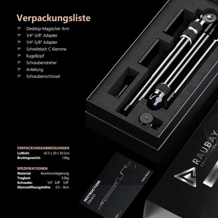 【Ganz aus Metall】RAUBAY Desktop Magic Arm, Overhead-Kamera-Tischhalterung, Tischleuchtenstativ mit 1