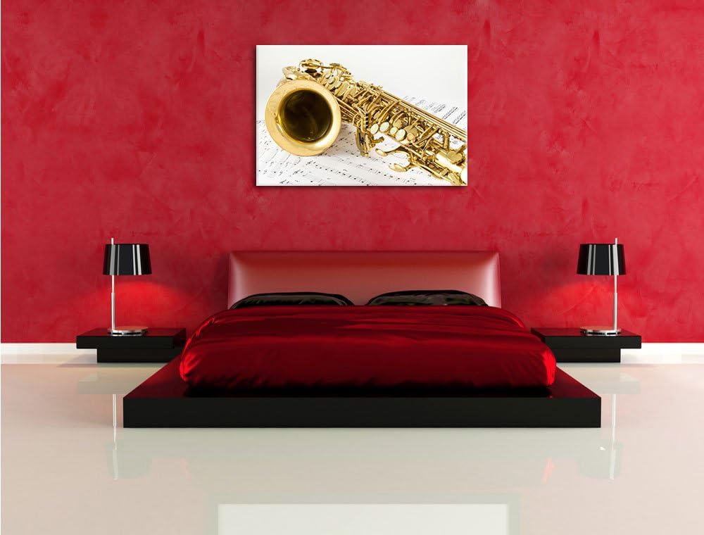 Saxophon auf Notenpapier, Format: 100x70 auf Leinwand, XXL riesige Bilder fertig gerahmt mit Keilrah