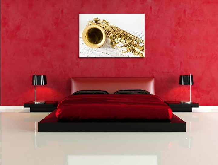 Saxophon auf Notenpapier, Format: 100x70 auf Leinwand, XXL riesige Bilder fertig gerahmt mit Keilrah