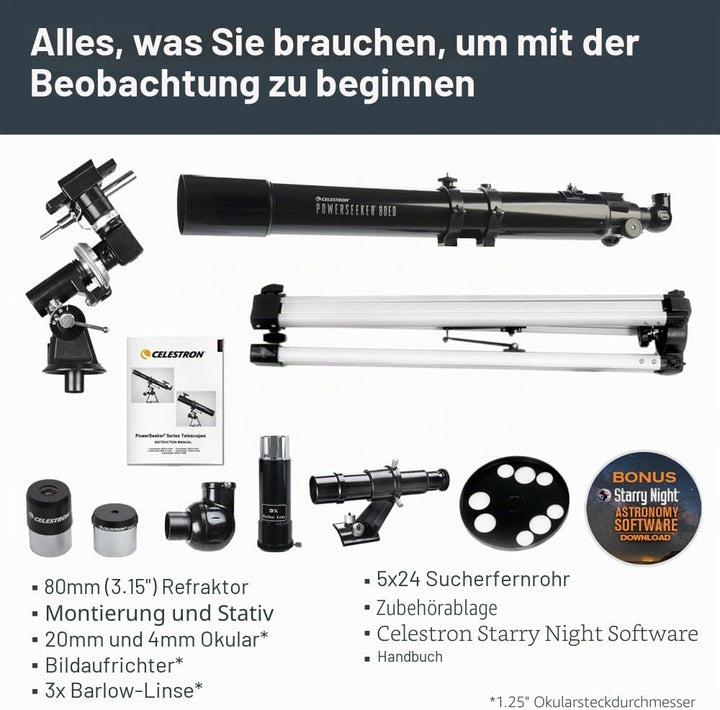 Celestron 21048 PowerSeeker 80EQ Refraktor-Teleskop - mit Zwei Okularen, seitenrichtigem Spiegel, Ei