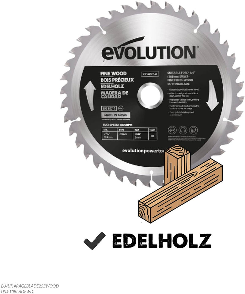 Evolution FW185TCT-40 - 185 mm feines Holzsägeblatt - Hartmetallbestücktes Sägeblatt mit 40 Zähnen l