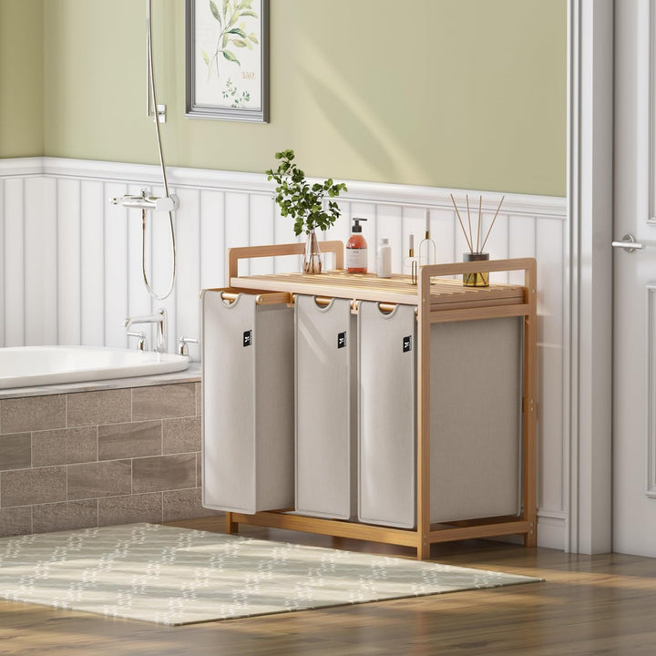 AdelDream Wäschekorb mit Bambusrahmen 150L 3 Fächer Bambus Wäschesammler laundry baskets Bogendesign