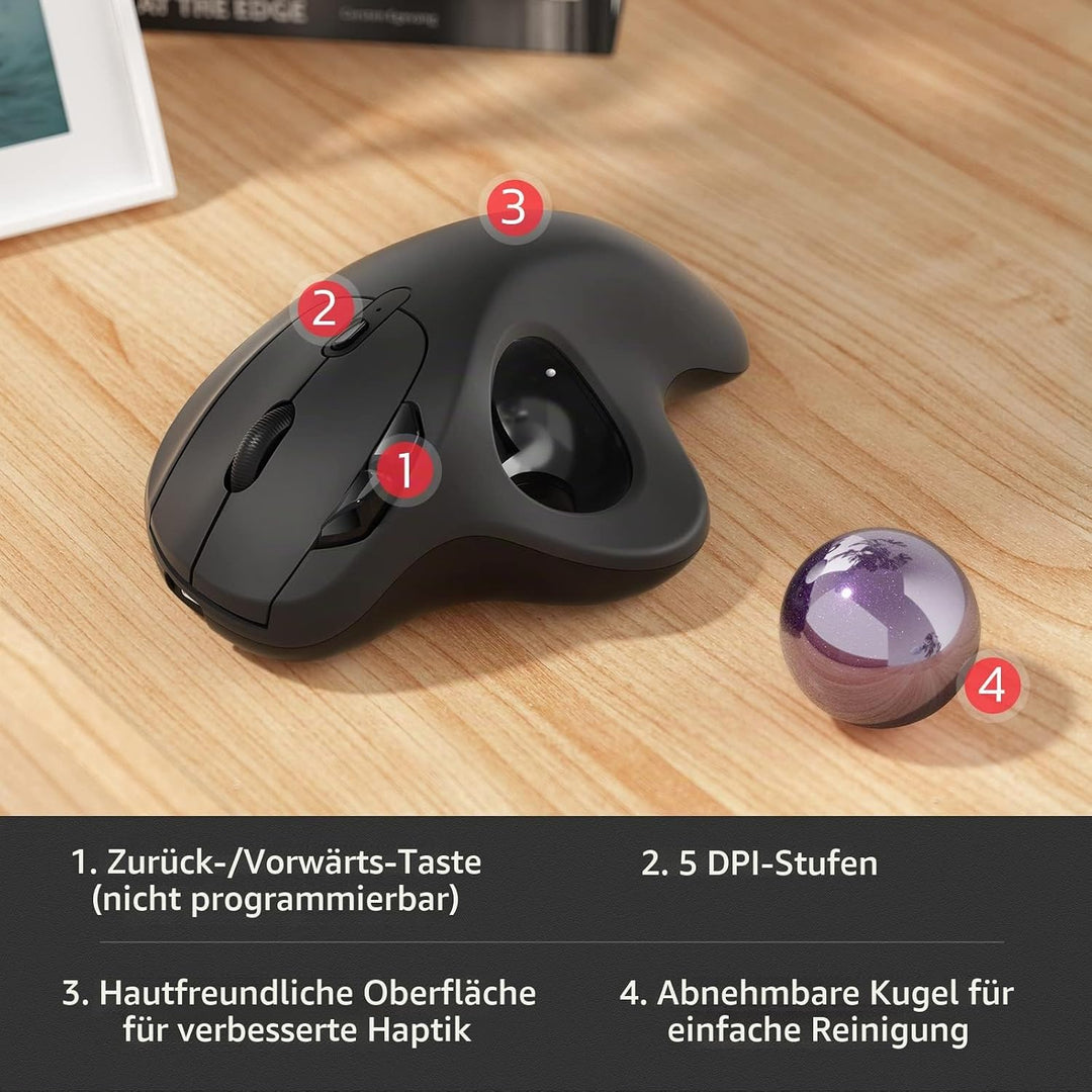 Nulea M501 Kabellose Trackball Maus, Wiederaufladbare Ergonomische Maus, Präzises und Reibungsloses