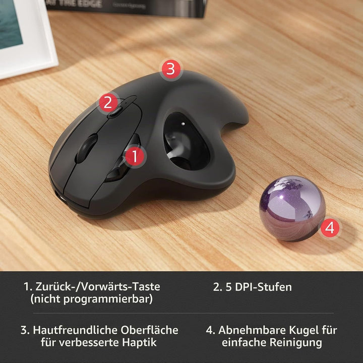 Nulea M501 Kabellose Trackball Maus, Wiederaufladbare Ergonomische Maus, Präzises und Reibungsloses