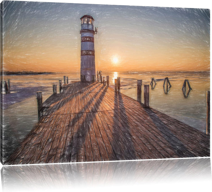 Pixxprint Leuchtturm am Steg als Leinwandbild/Grösse: 100x70 cm/Wandbild/Kunstdruck/fertig bespannt,