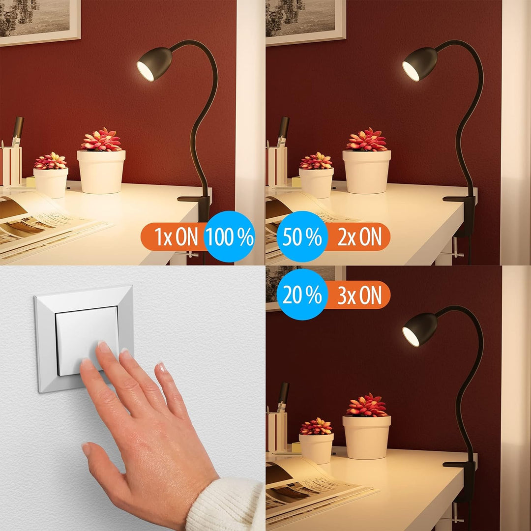 ledscom.de GU10 Klemmlampe KLUK mit Schwanenhals, schwarz inkl. GU10, 3-Stufen-dimmbar, warm-weiss,
