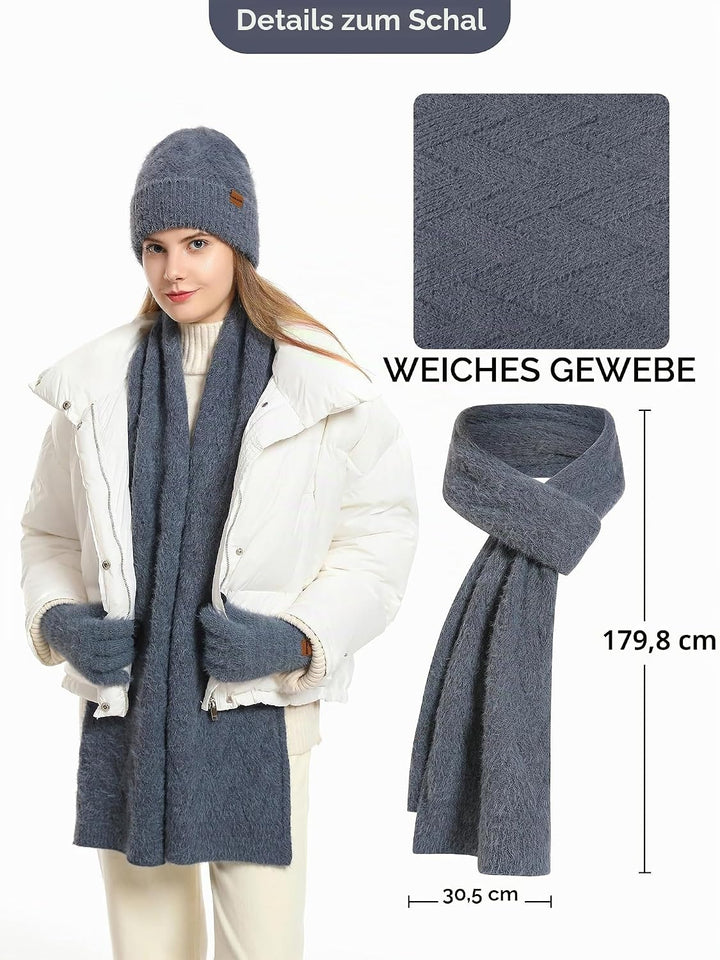 CAMLAKEE Wintermütze Schal Handschuhe Set Damen Strickmütze Handschuh Nackenwärmer Frauen Strickset