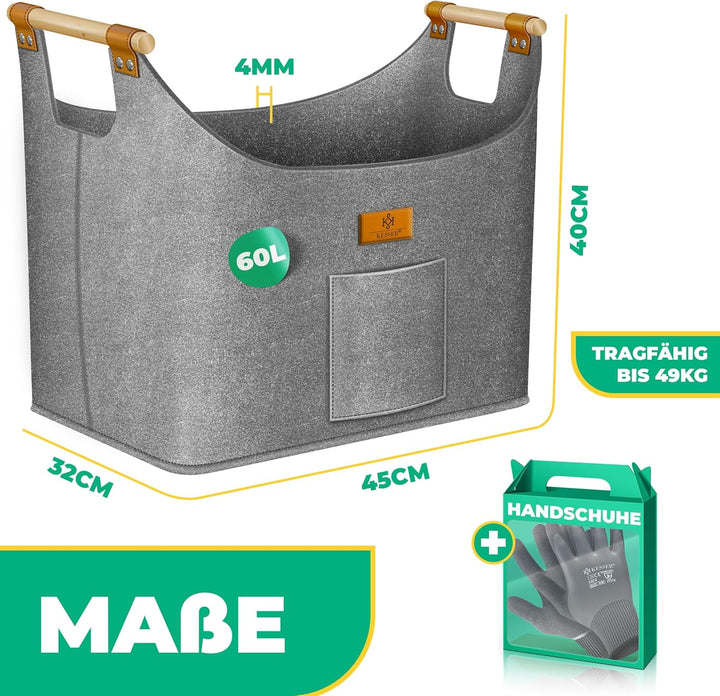 KESSER® Brennholzkorb XL 60 Liter | Kaminholztasche extra dicker Filz | Feuerholzkorb faltbar mit ve