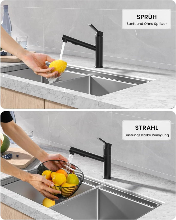 DAYONE Wasserhahn Küche Schwarz, Hochdruck Küchenarmatur Ausziehbar, Spültischarmatur mit 2 Sprühfun